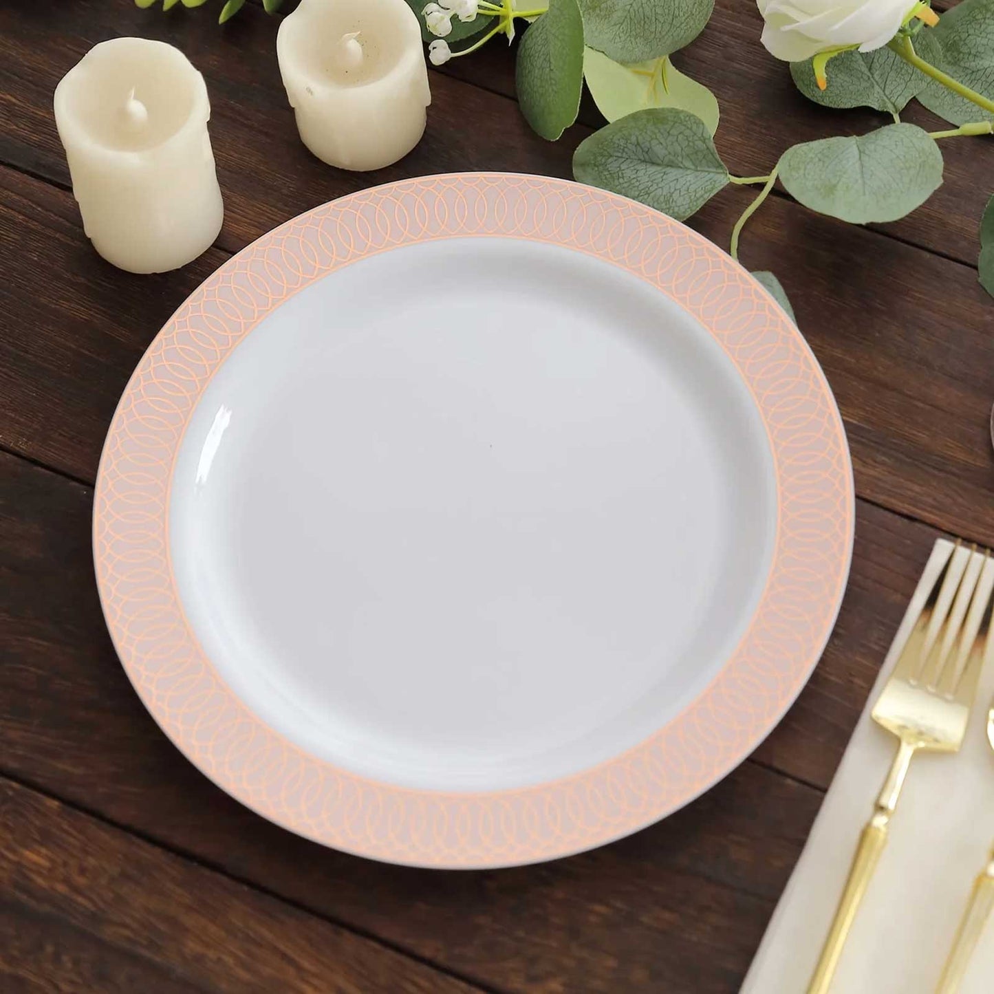 10-Pack Plastic Round Dinner Plates 10" White with Blush Rose Gold Spiral Rim - Chic Disposable Party Plates