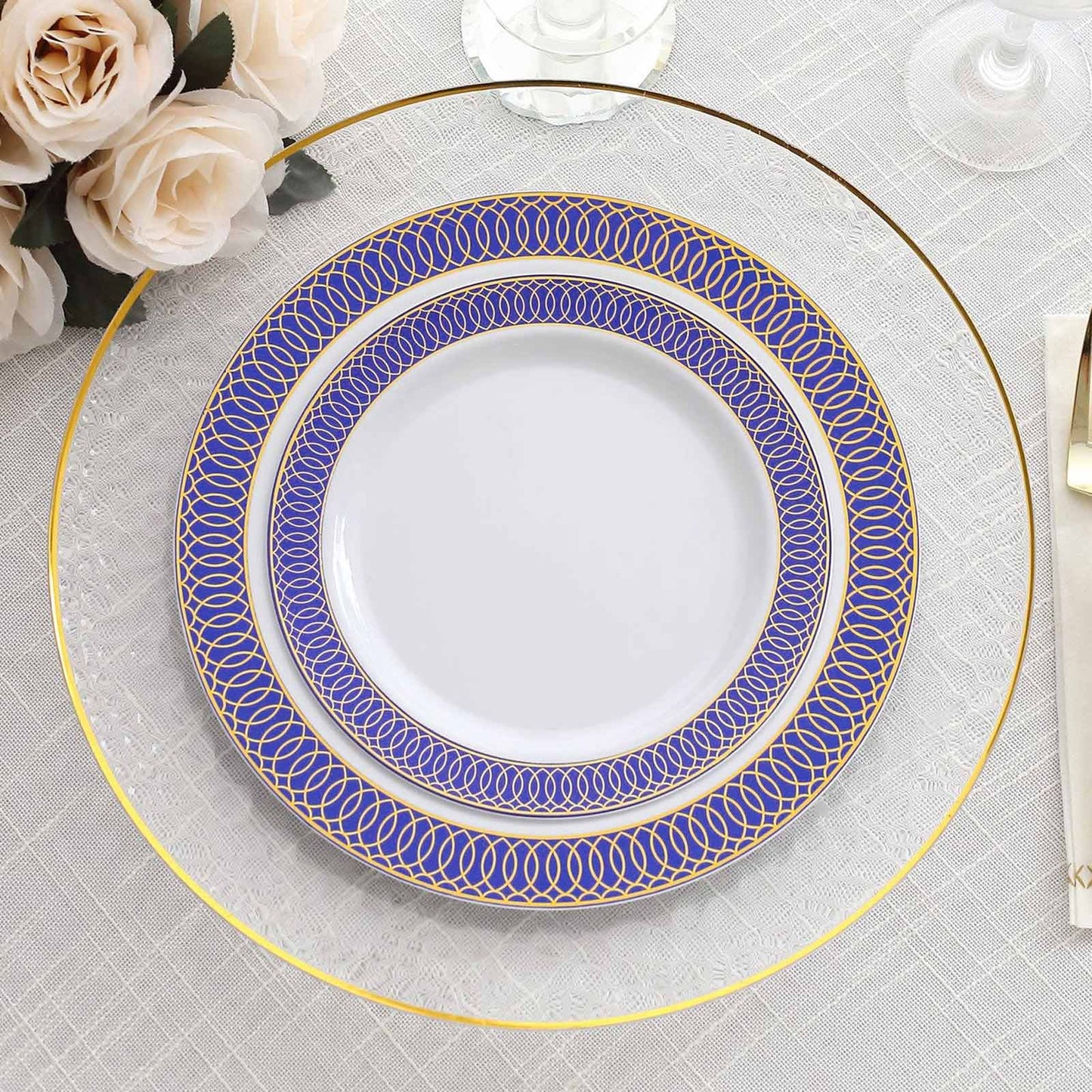 10-Pack Plastic Round Dessert Plates 7" White with Navy Blue Gold Spiral Rim - Disposable Salad Plates