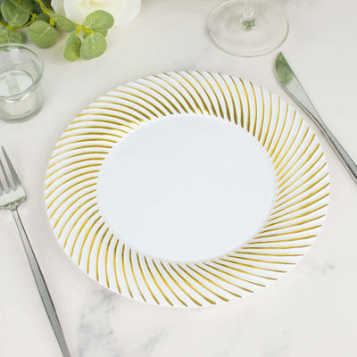 10-Pack Plastic 9" Round Dinner Plates White with Gold Swirl Rim - Disposable Party Plates
