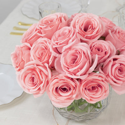 10 Pcs 12’’ Artificial Silk Roses - Pink Single Stem Rose for Flower Bouquet Arrangements - Silk Flowers