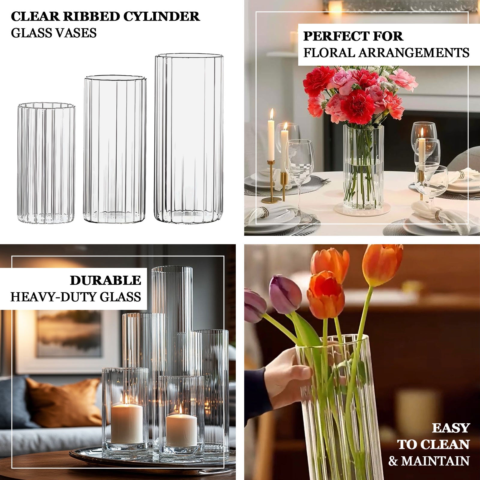 10’’ Ribbed Cylinder Glass Vases â€“ 12 Pack Clear Flower Vases for Table Centerpieces Home & Wedding Decor - Floral