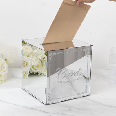 10’’ Silver Mirror Acrylic Wedding Card Box with Slot - Wishing Well Money Box for Reception Graduation and Events