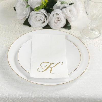 100 Paper Dinner Napkins White with Gold Foil Monogram ’K’ â€“ 8’’x4’’ Folded Disposable Party Napkins - Napkins