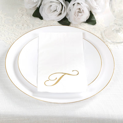 100 Paper Dinner Napkins White with Gold Foil Monogram ’T’ â€“ 8’’x4’’ Folded Disposable Party Napkins - Napkins