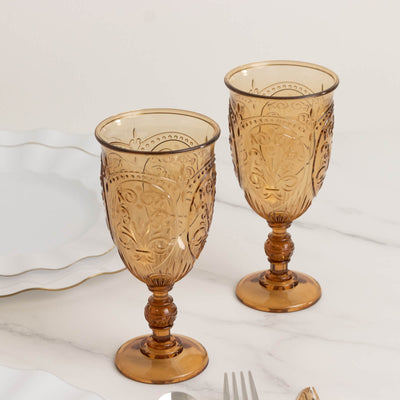 24-Pack Plastic Wine Glasses 10oz â€“ Amber Gold Vintage Goblets with Retro Embossed Design, Elegant Drinkware - 7" Tall