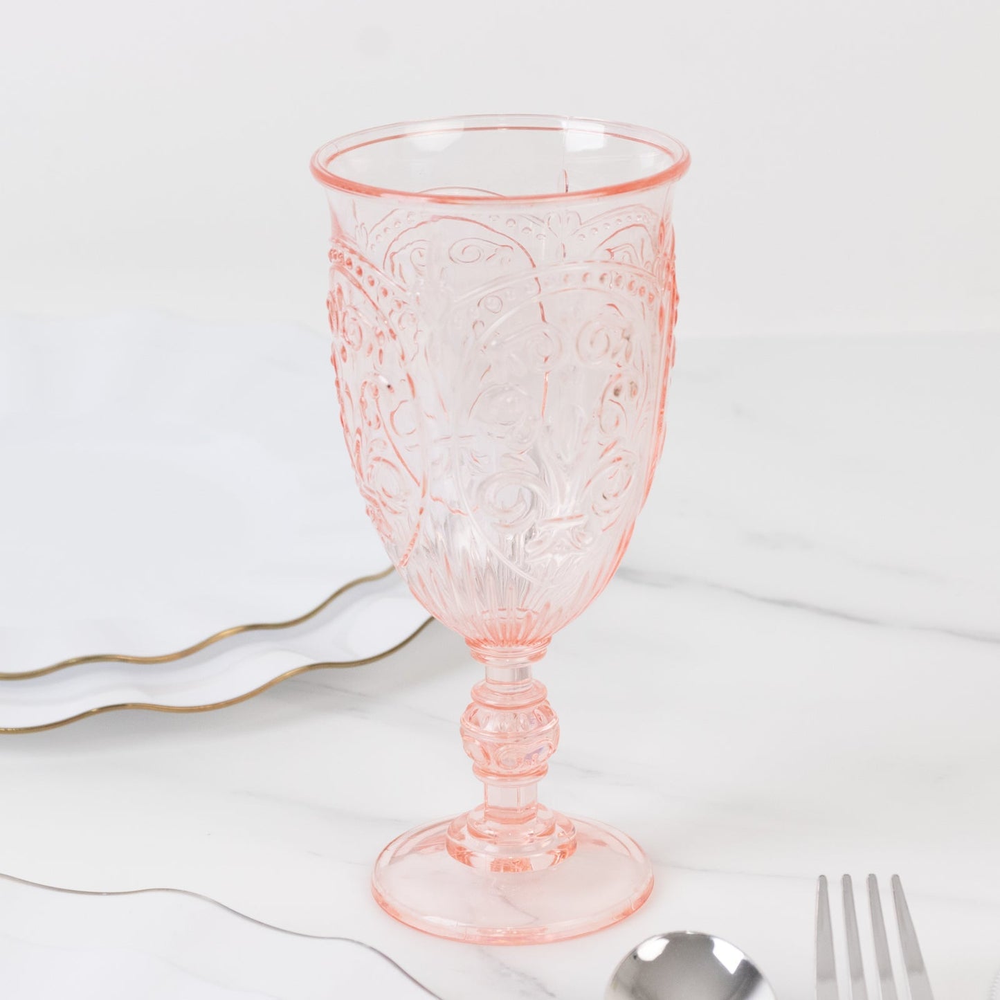 24-Pack Plastic Wine Glasses 10oz â€“ Transparent Blush Vintage Goblets with Retro Embossed Design, Elegant Drinkware - 7" Tall