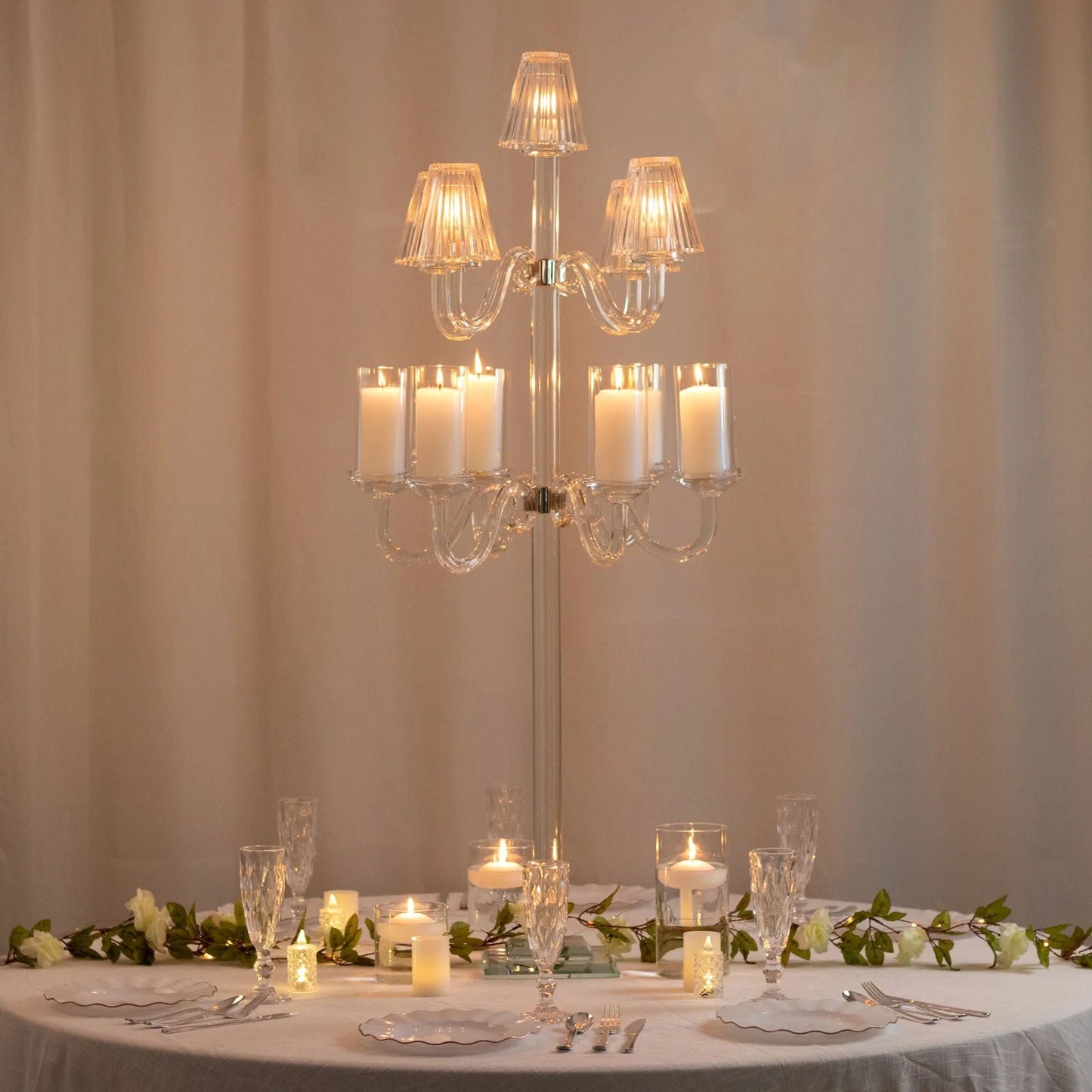 11-Arm Crystal Glass Candelabra â€“ 50" Floor Candle Holder for Taper & Tealight Candles with Empire & Cylinder Lampshades, Perfect for Weddings & Home Decor