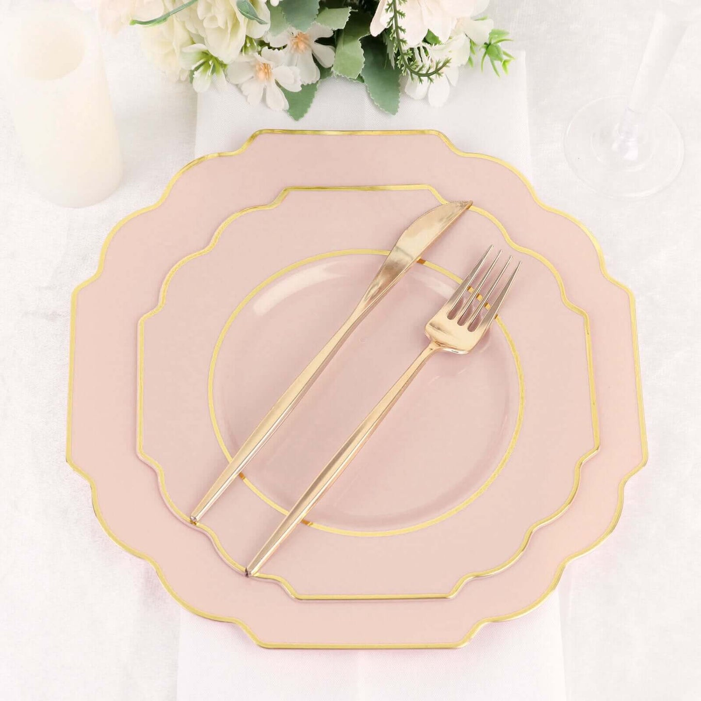 10-Pack Plastic Dinner Plates in Blush Baroque Design with Scalloped Gold Rim - Heavy Duty Disposable Party Plates 11"