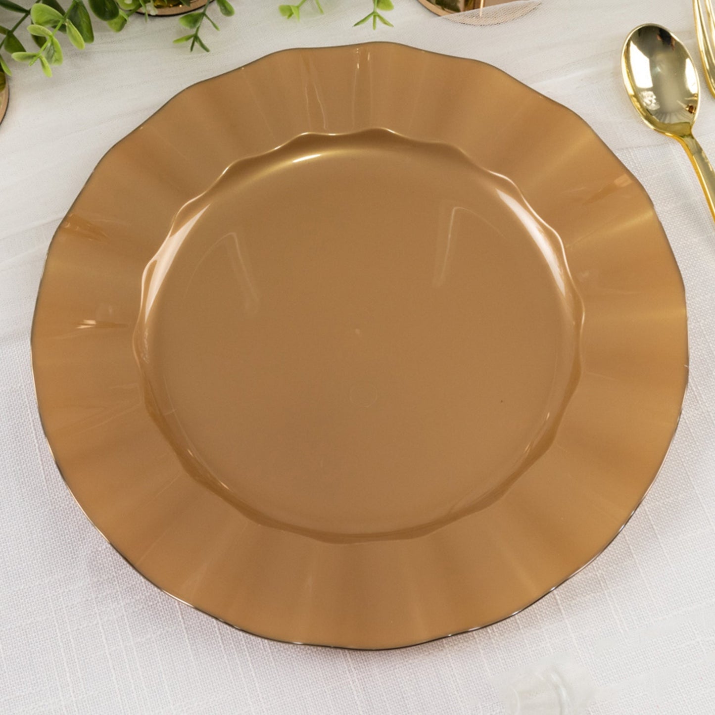 10-Pack Plastic 11" Round Dinner Plates in Gold with Ruffled Rim - Sturdy Disposable Dinnerware for Classy Events & Banquets