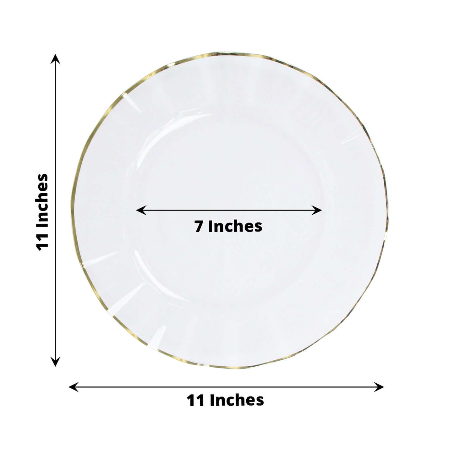 10-Pack Plastic 11" Round Dinner Plates in Clear Ruffled Rim with Gold Edging - Sturdy Disposable Dinnerware