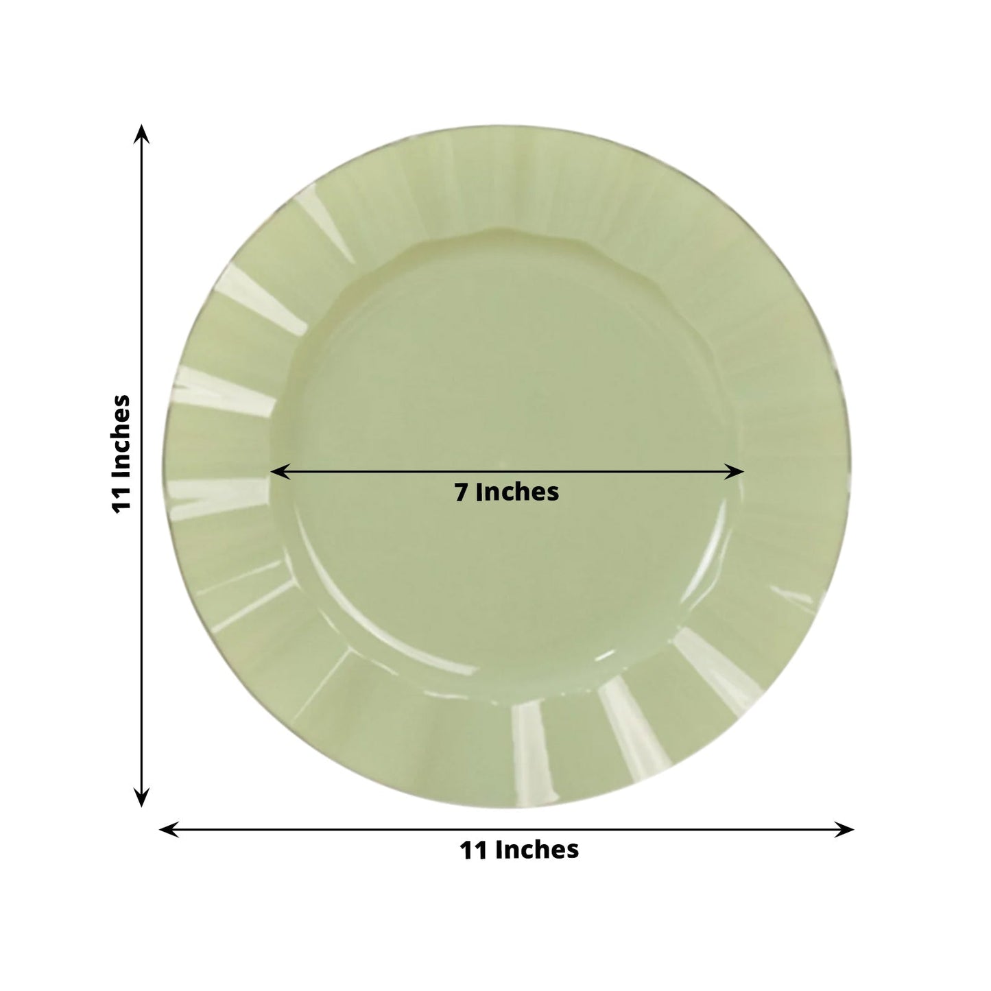 10-Pack Plastic 11" Round Dinner Plates in Sage Green Ruffled Rim with Gold Edging - Sturdy Disposable Dinnerware