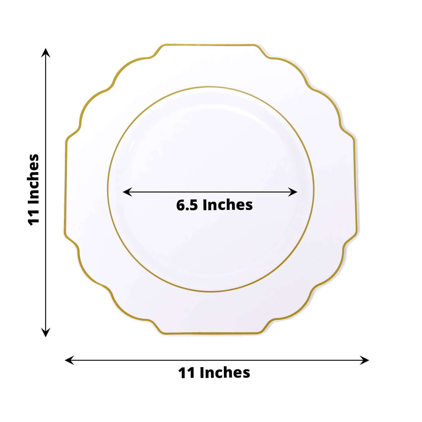 10-Pack Plastic Dinner Plates in White Baroque Design with Scalloped Gold Rim - Heavy Duty Disposable Party Plates for Events & Banquets 11"