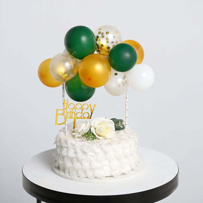 14 Pcs Balloon Cake Topper Clear, Gold, Hunter Green and White - Whimsical Clustered Mini Garland Cake Inserts DIY Party Decorations