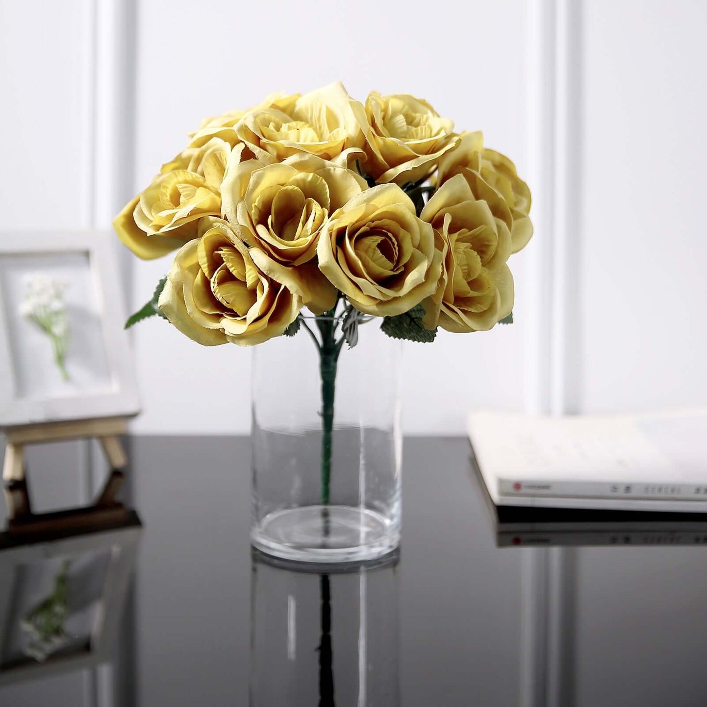 12" Gold Artificial Velvet-Like Fabric Rose Flower Bouquet Bush