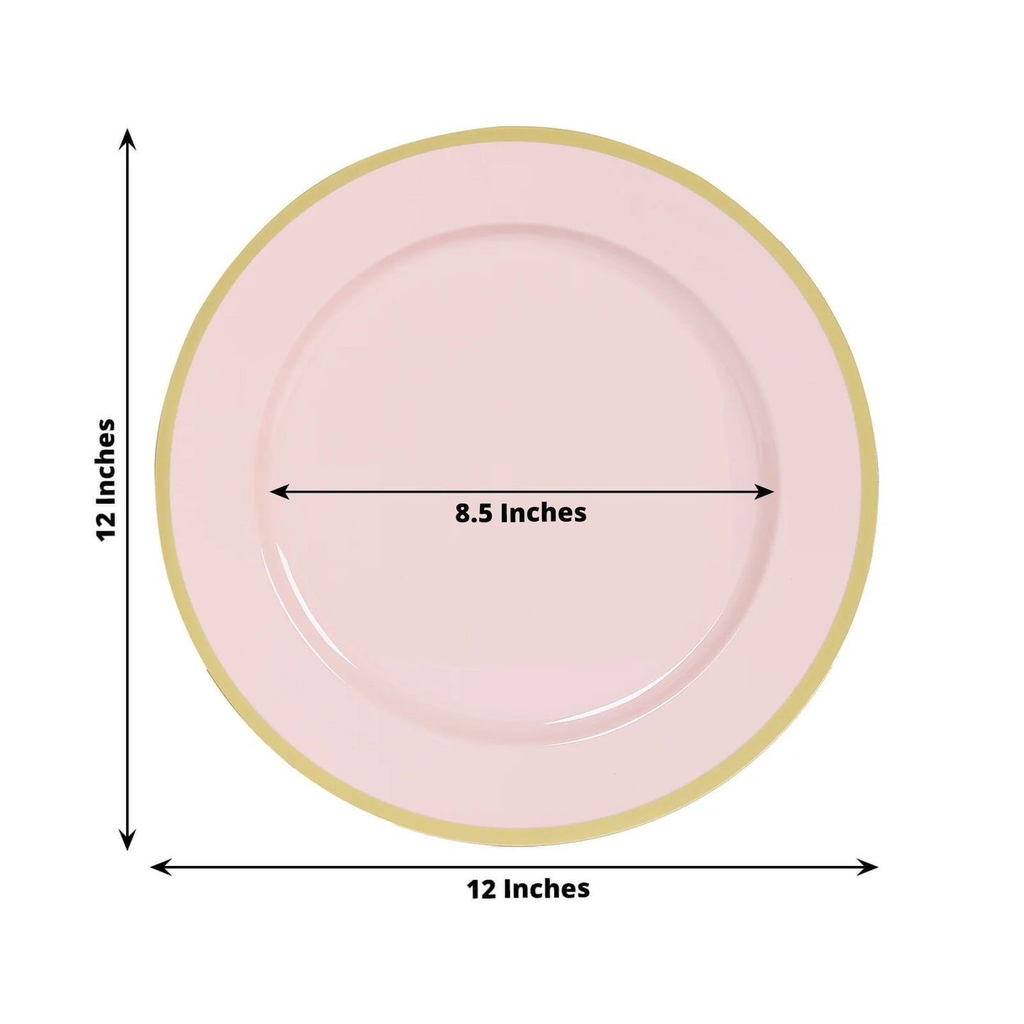 10-Pack Economy Plastic Round Charger Plates 12" in Blush with Wide Gold Rim, Decorative Dinner Party Serving Plates