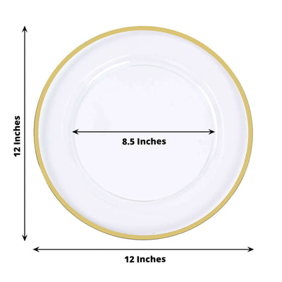 10-Pack Economy Plastic Round Charger Plates 12" in Clear with Wide Gold Rim, Decorative Dinner Party Serving Plates