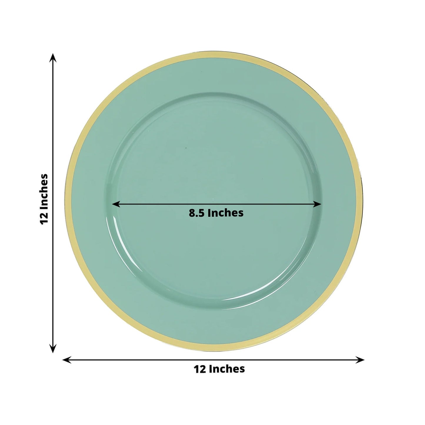 10-Pack Economy Plastic Round Charger Plates 12" in Dusty Sage Green with Wide Gold Rim, Decorative Dinner Party Serving Plates