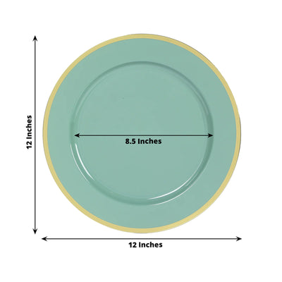 10-Pack Economy Plastic Round Charger Plates 12" in Dusty Sage Green with Wide Gold Rim, Decorative Dinner Party Serving Plates