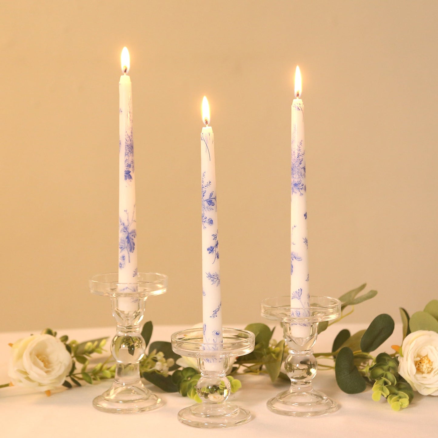 12 Pack 10" French Toile Wax Taper Candles White and Blue Unscented Candles