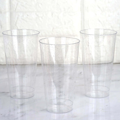 12-Pack Plastic Party Cups Clear Silver Glitter - Durable Disposable Tumblers for Drinks 17oz 6"