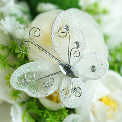 12 Pack 2" White Diamond Studded Wired Organza Butterflies