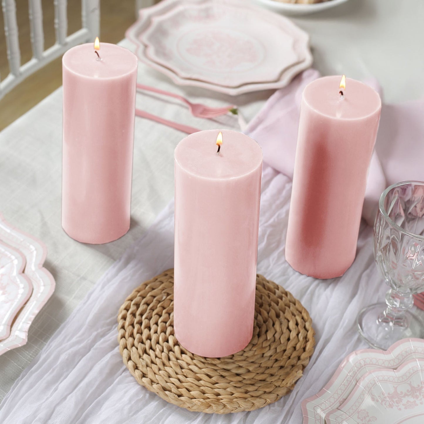 12-Pack 3"x8" Unscented Dripless Pillar Candles â€“ Blush Long-Burning Wax Candles with Cotton Wicks for Home, Weddings & Event Decor