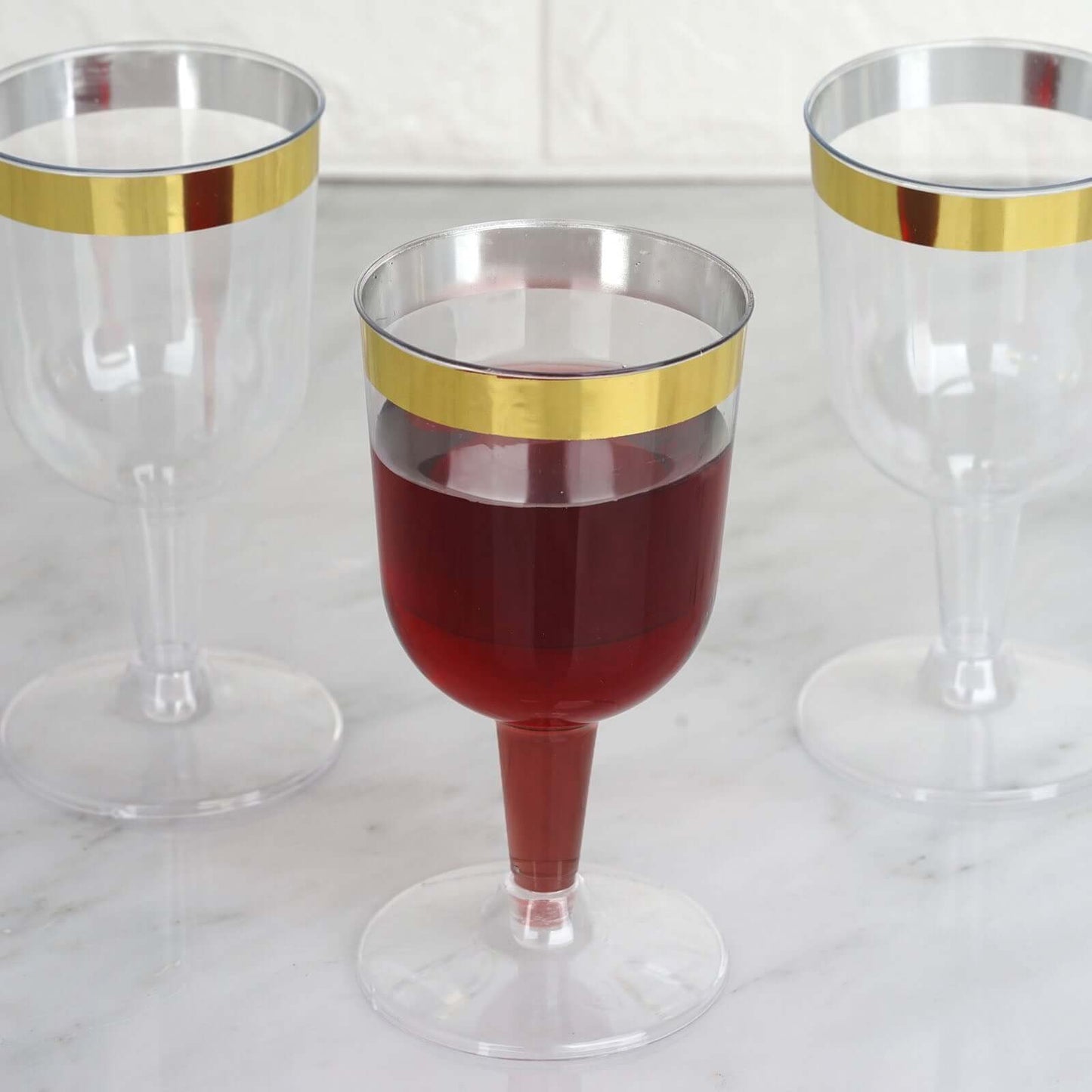 12-Pack Plastic Short Stem Wine Glasses Clear/Gold Rim - Stylish Disposable Drinkware 6oz