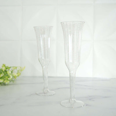 12-Pack Plastic Champagne Flutes Clear/Gold Glitter Flared Design - Lightweight Disposable Toasting Glasses 6oz