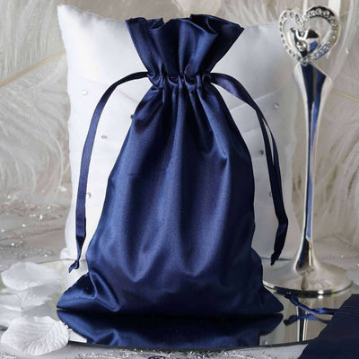 12 Pack 6"x9" Navy Blue Satin Wedding Party Favor Bags, Drawstring Pouch Gift Bags