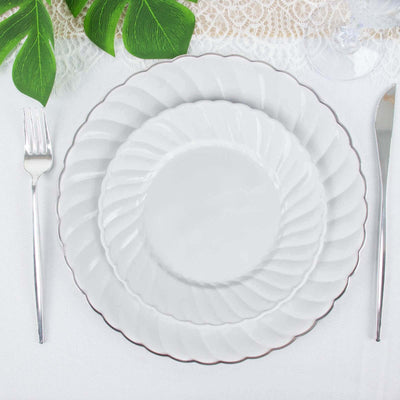 12-Pack Plastic Dessert Plates White Flair Rim - Sturdy Disposable Salad Plates 7.5"