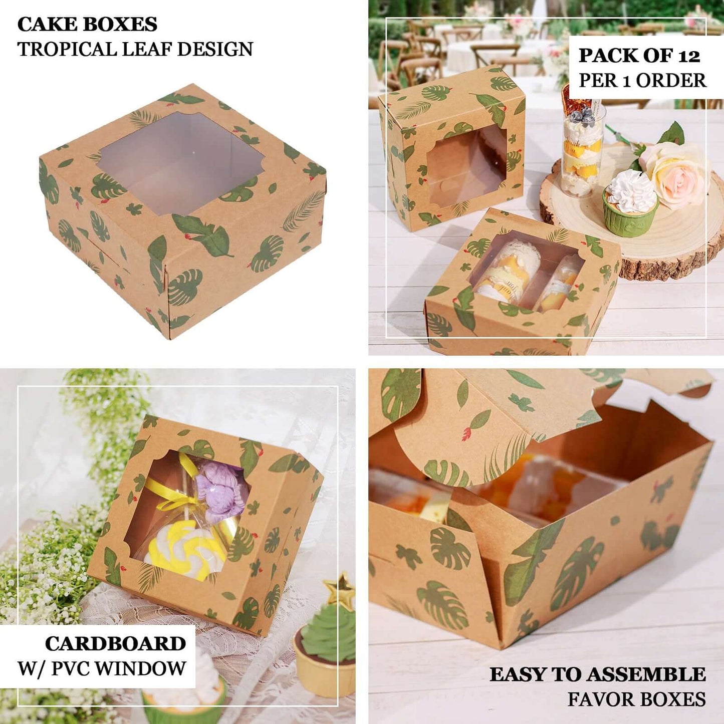12-Pack Cardstock Cookie Boxes with Display Window - Tropical Leaf Design Disposable Treat Bakery Boxes for Donuts Cupcakes Strawberries & Pastries 6"x6"x3"