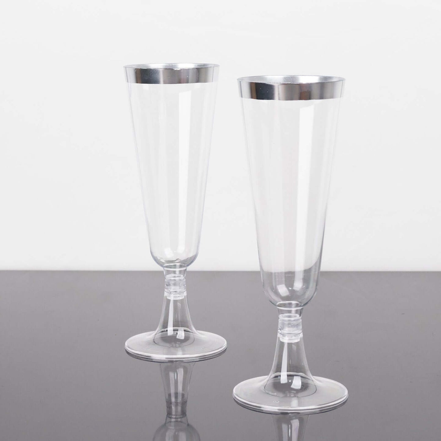 12-Pack Plastic Champagne Flutes Clear with Silver Rim - Stylish Disposable Cocktail Glasses for Parties 5oz 6"
