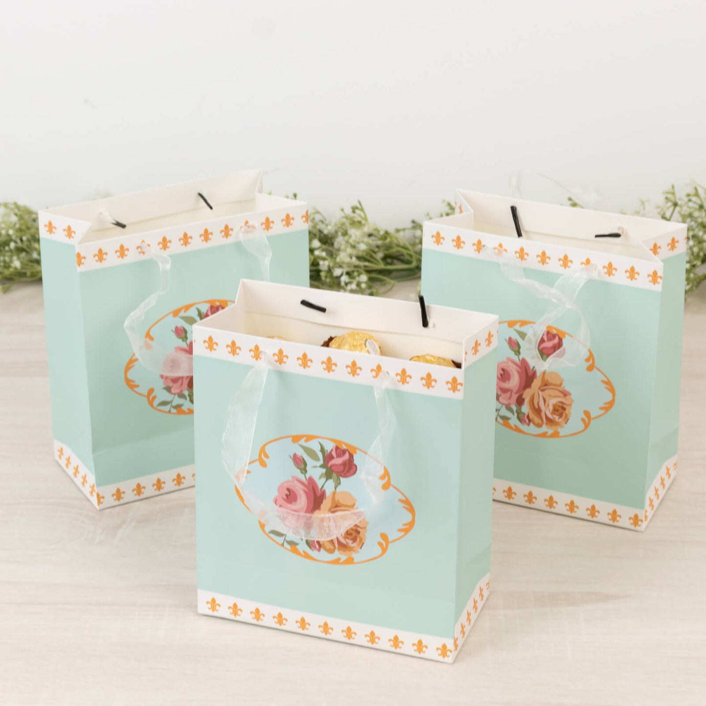 12-Pack Favor Bags Vintage Rose Floral Tea Party Turquoise Paper Goodie Gift Bags with Ribbon Handles 6’’x7’’x3’’