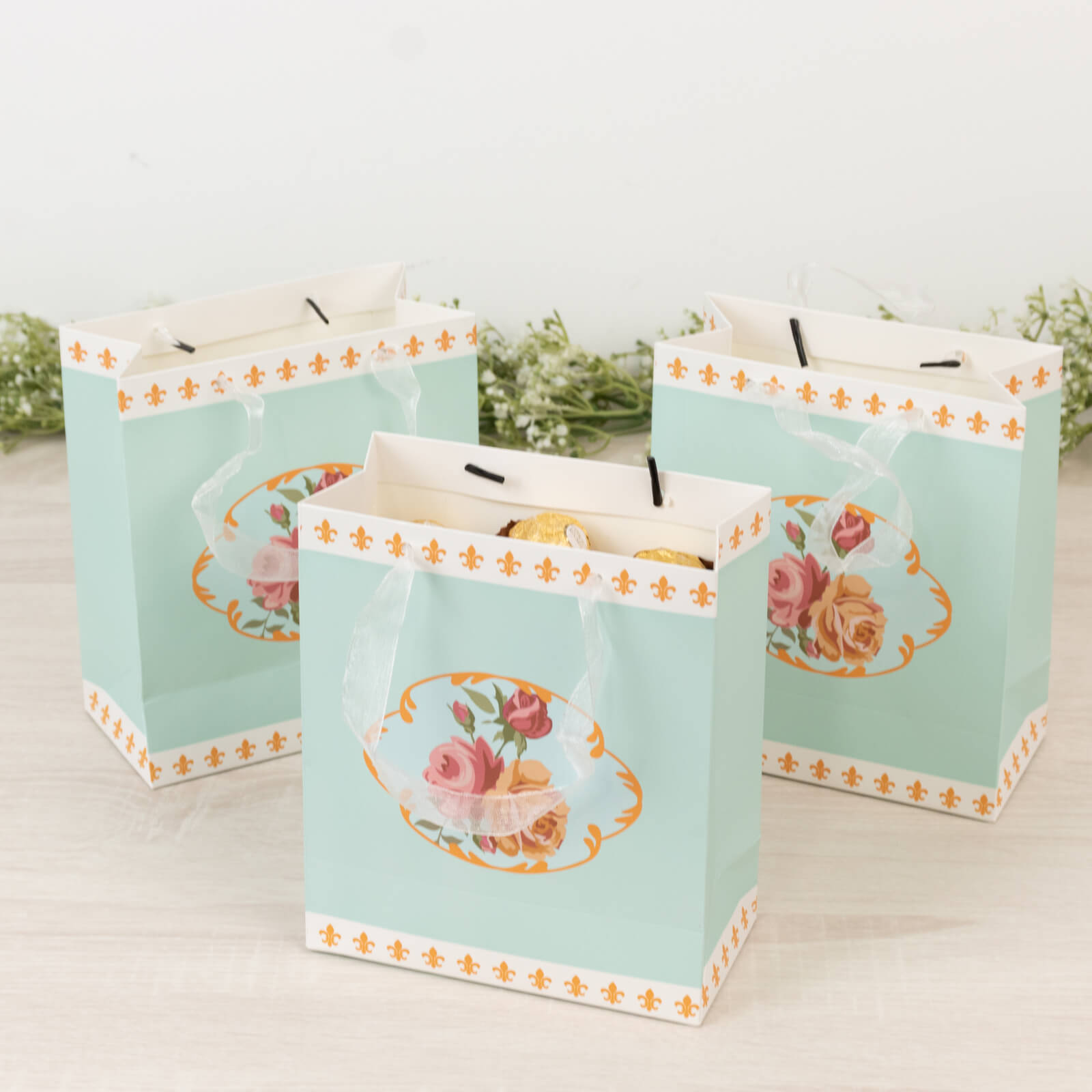 12-Pack Favor Bags Vintage Rose Floral Tea Party Turquoise Paper Goodie Gift Bags with Ribbon Handles 6’’x7’’x3’’