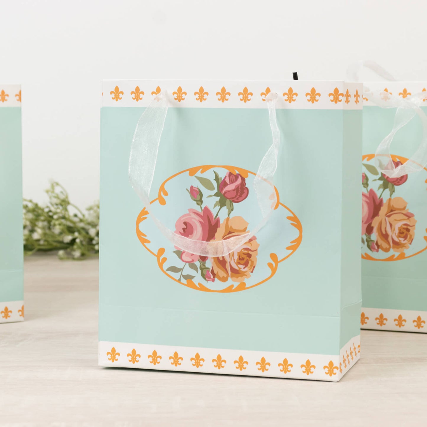 12-Pack Favor Bags Vintage Rose Floral Tea Party Turquoise Paper Goodie Gift Bags with Ribbon Handles 6’’x7’’x3’’
