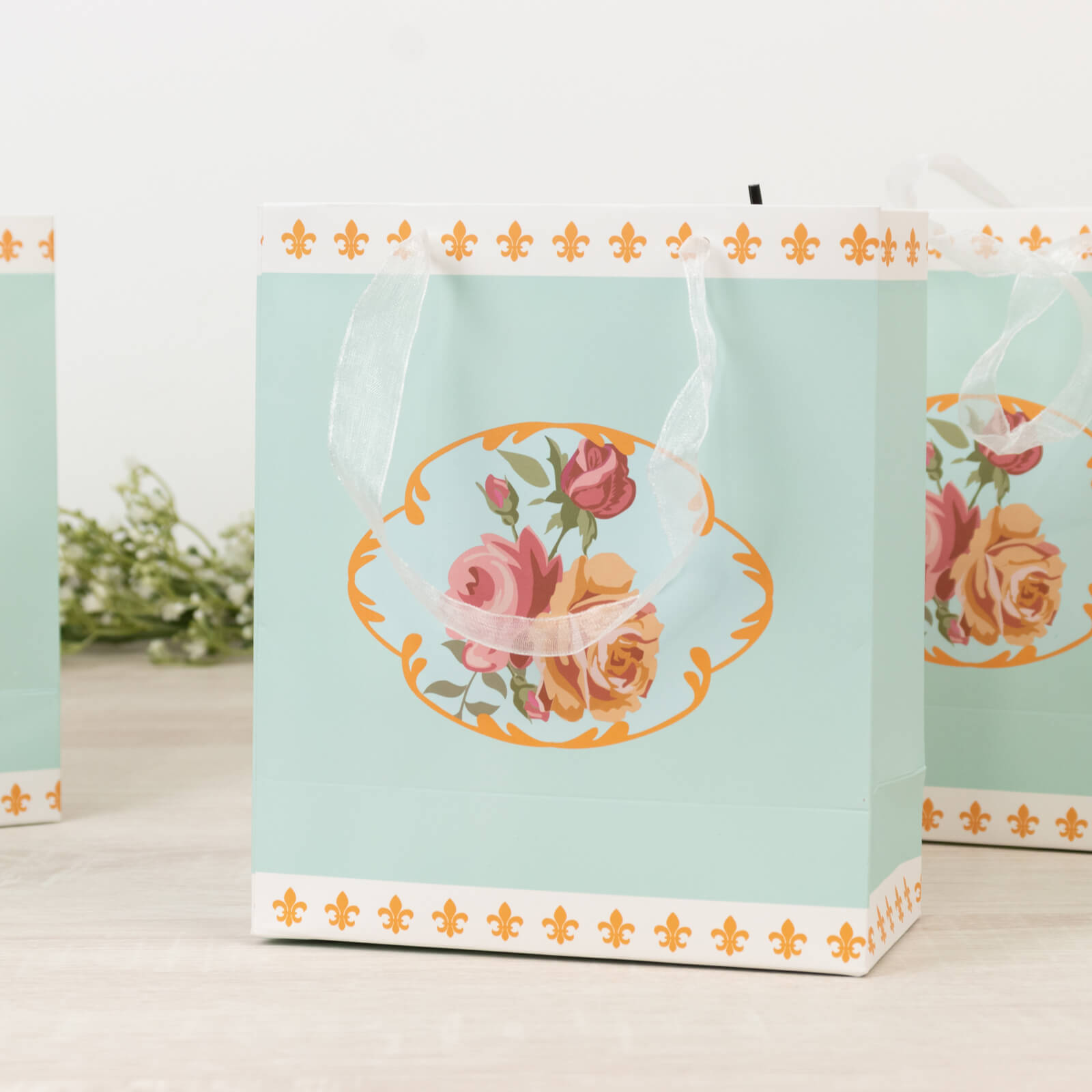 12-Pack Favor Bags Vintage Rose Floral Tea Party Turquoise Paper Goodie Gift Bags with Ribbon Handles 6’’x7’’x3’’