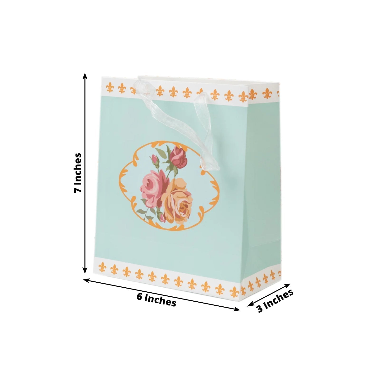 12-Pack Favor Bags Vintage Rose Floral Tea Party Turquoise Paper Goodie Gift Bags with Ribbon Handles 6’’x7’’x3’’