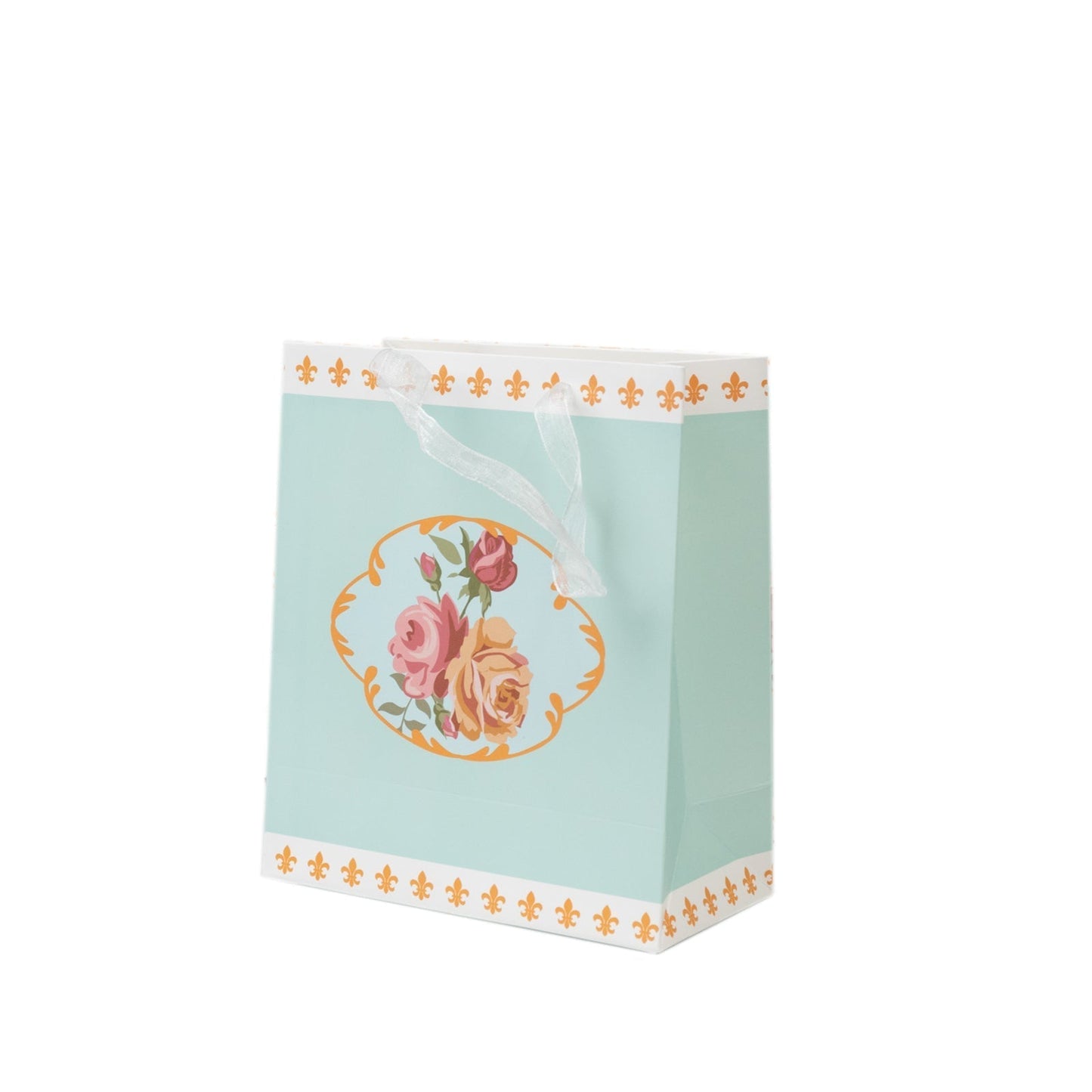 12-Pack Favor Bags Vintage Rose Floral Tea Party Turquoise Paper Goodie Gift Bags with Ribbon Handles 6’’x7’’x3’’