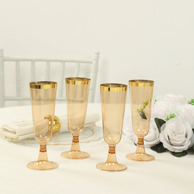 12-Pack Plastic Champagne Flutes Transparent Amber Gold with Gold Rim - Stylish Disposable Cocktail Glasses for Parties