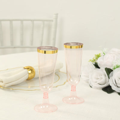 12-Pack Plastic Champagne Flutes Transparent Blush with Gold Rim - Stylish Disposable Cocktail Glasses for Parties 5oz