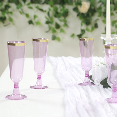 12-Pack Plastic Champagne Flutes Transparent Purple with Gold Rim - Stylish Disposable Cocktail Glasses for Parties 5oz