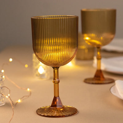 12-Pack Plastic Goblets Amber Gold Vintage Ribbed Pattern - Reusable Shatterproof Glassware 9oz - Disposables