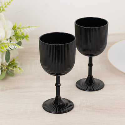 12-Pack Plastic Goblets Black Vintage Ribbed Pattern - Reusable Shatterproof Glassware 9oz - Disposables