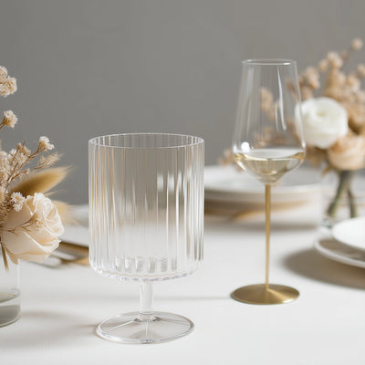 12-Pack Plastic Goblets Clear Vintage Ribbed Pattern Short Stem - Reusable Wine Glasses 12oz - Drinkware