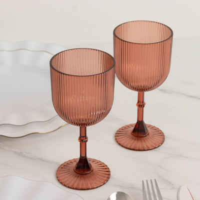 12-Pack Plastic Goblets Dusty Rose Vintage Ribbed Pattern - Reusable Shatterproof Glassware 9oz - Disposables