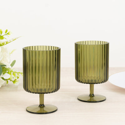 12-Pack Plastic Goblets Dusty Sage Green Vintage Ribbed Pattern Short Stem - Reusable Wine Glasses 12oz - Drinkware