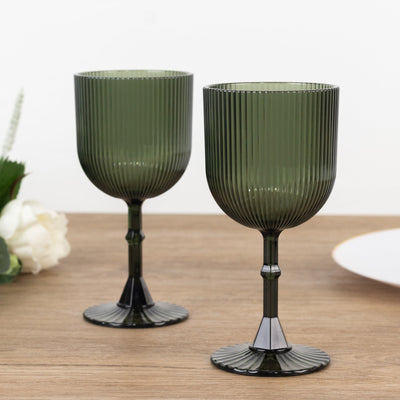 12-Pack Plastic Goblets Hunter Emerald Green Vintage Ribbed Pattern - Reusable Shatterproof Glassware 9oz - Disposables