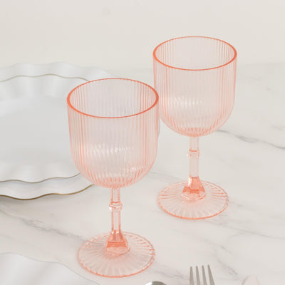 12-Pack Plastic Goblets Transparent Blush Vintage Ribbed Pattern - Reusable Shatterproof Glassware 9oz - Disposables
