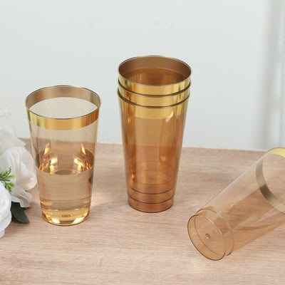 12-Pack Plastic Party Cups Transparent Amber Gold with Gold Rim - Durable Disposable Tumblers for Drinks 17oz 5.5’’