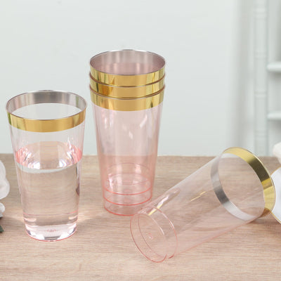 12-Pack Plastic Party Cups Transparent Blush with Gold Rim - Durable Disposable Tumblers for Drinks 17oz 5.5’’